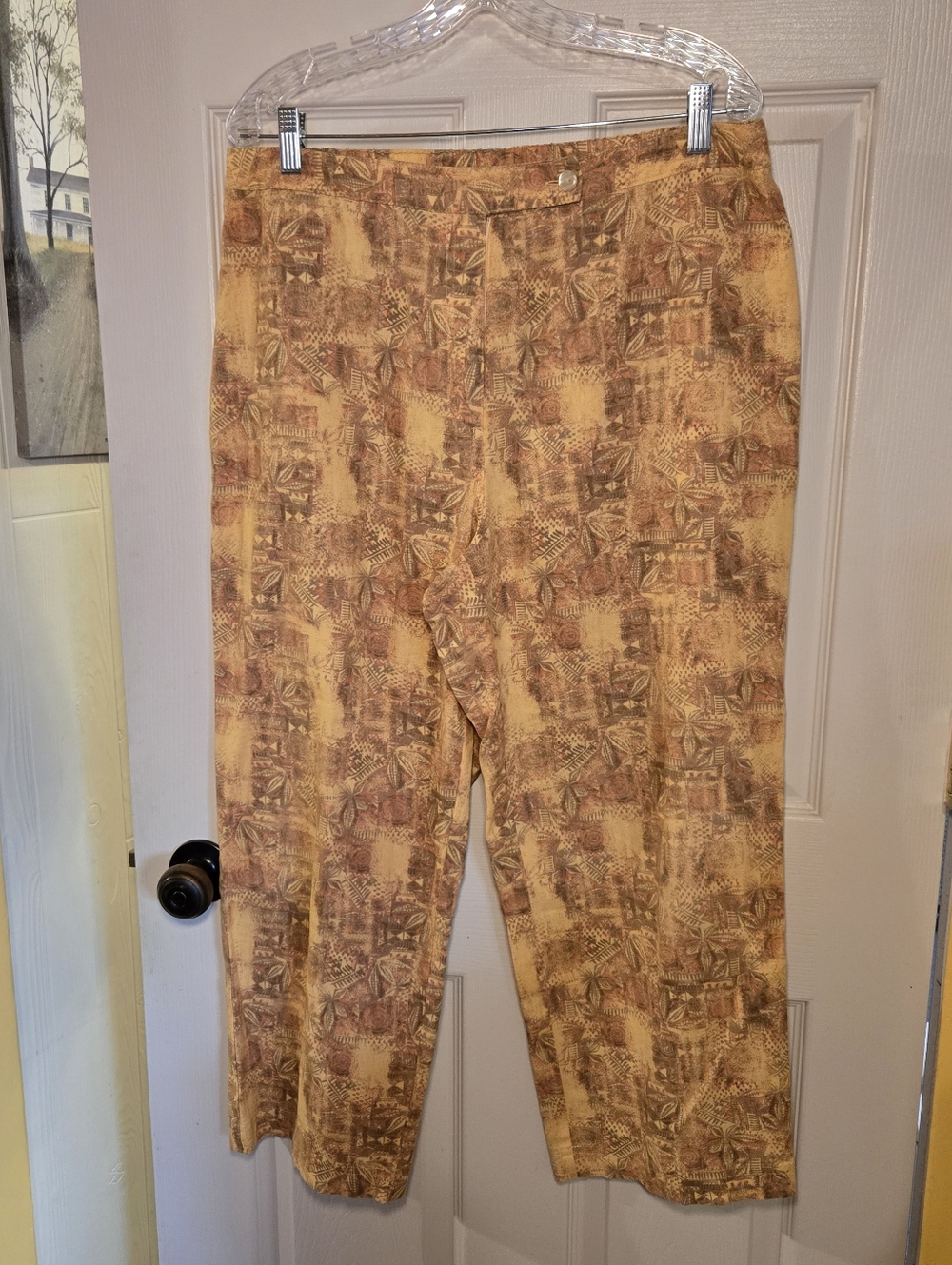 Womens Linen Blend Tiki Print Crop Pants Size 14 Yellow Brown